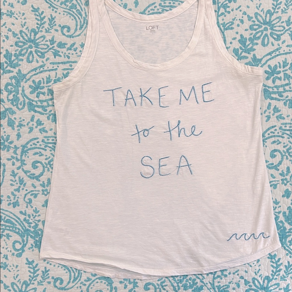 LOFT White Tank Top with Blue Script